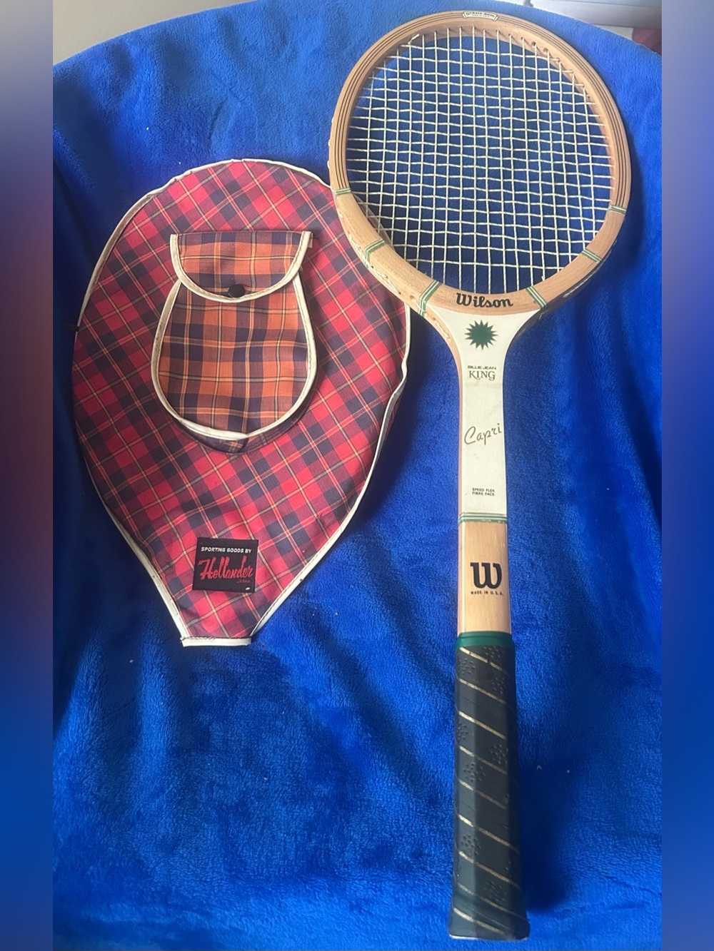 Vintage Wilson Billie Jean King "Capri" tennis racket w/ plaid Hollander cover!
